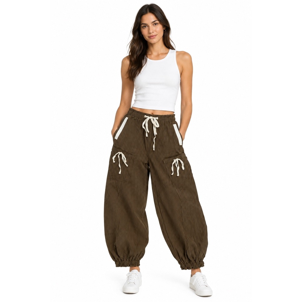 New ee:some Los Angeles Brown Pinstripe Cotton Linen Jogger Pants Medium baggy